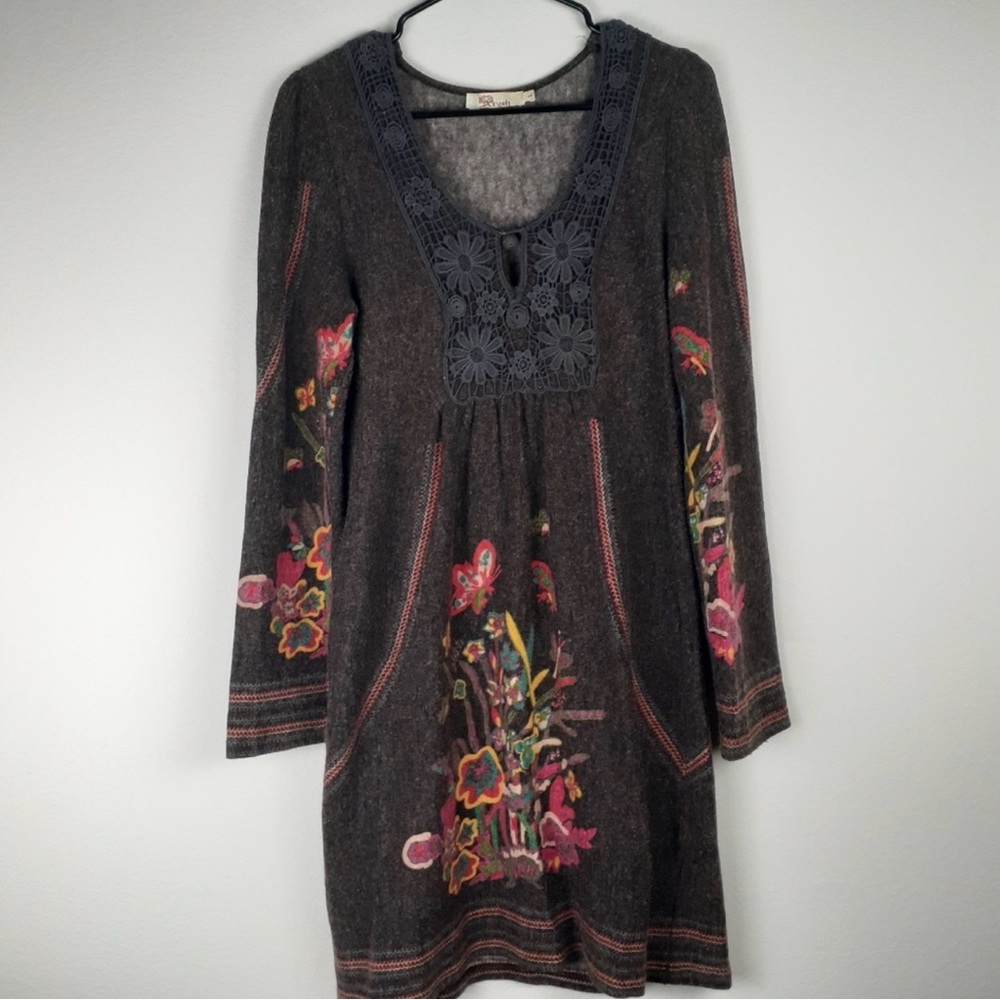 Boho Floral Embroidered Long Sleeve Dress - Dark Gray